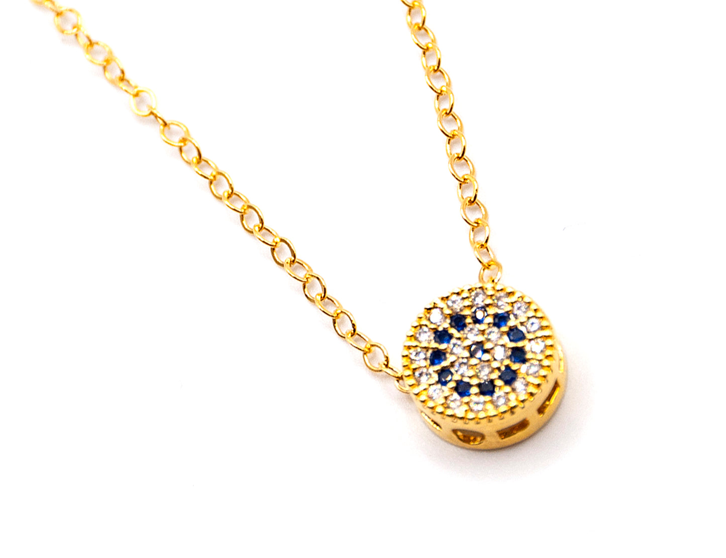 Blue Rhinestone Circle Charm Gold Plated Necklace
