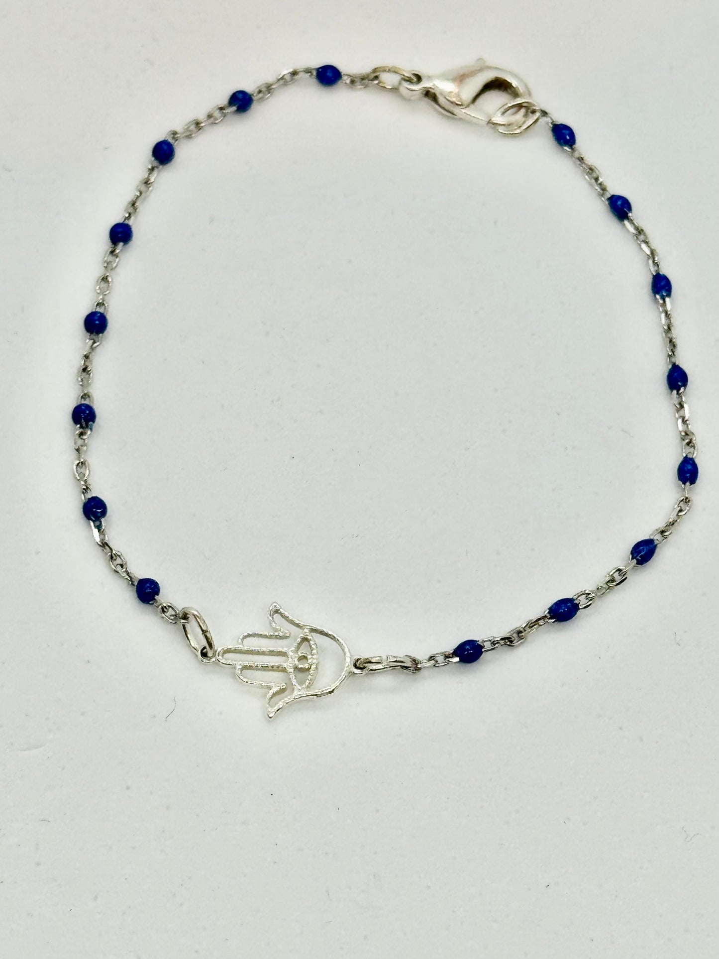Sterling Silver and Blue Enamel Hamsa Bracelet - Emmis Jewelry