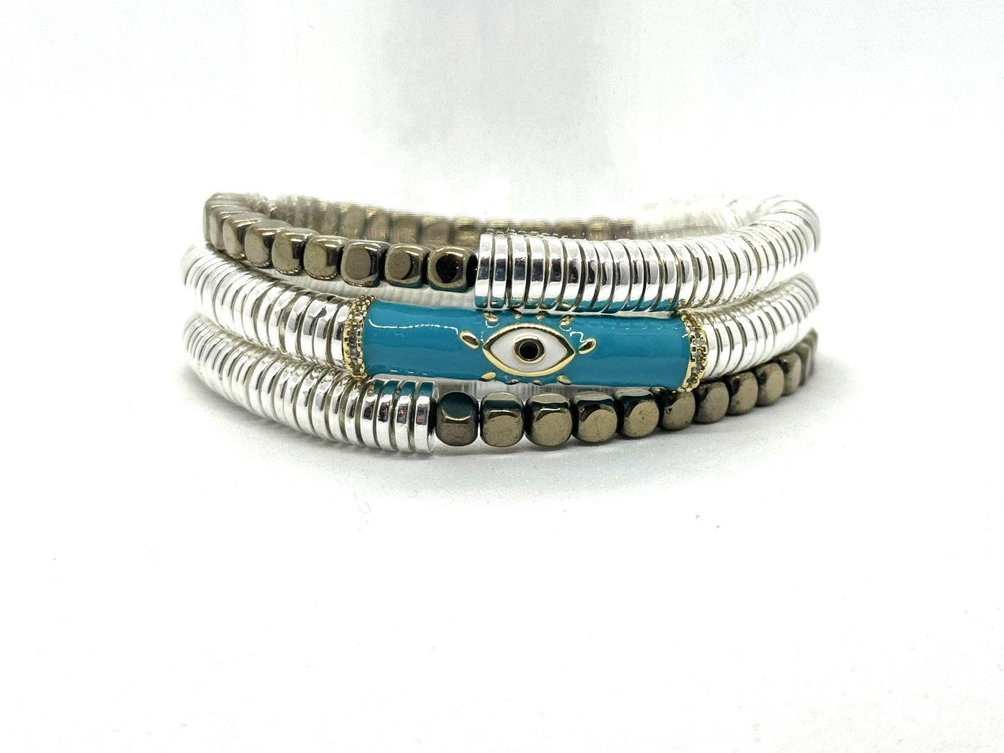 Enamel Evil Eye and Silver Hematite Bracelet
