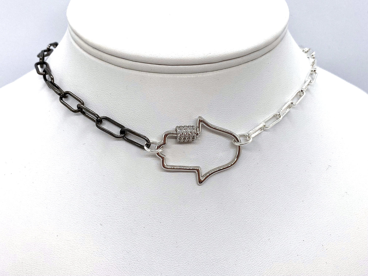 Two tone paperclip necklace with a screw locking hamsa clasp - Emmis Jewelry, Necklaces, [product_color]