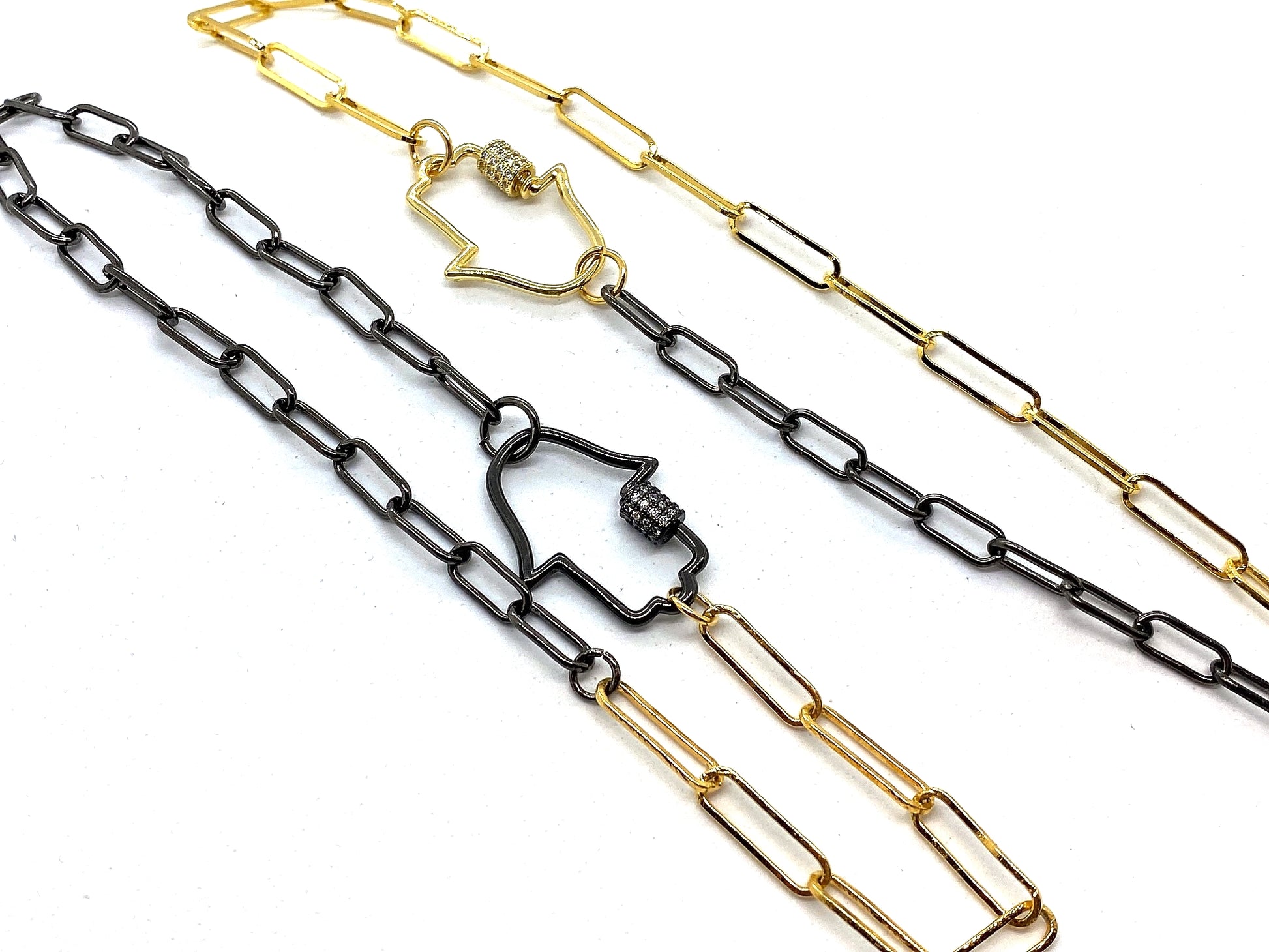 Two tone paperclip necklace with a screw locking hamsa clasp - Emmis Jewelry, Necklaces, [product_color]
