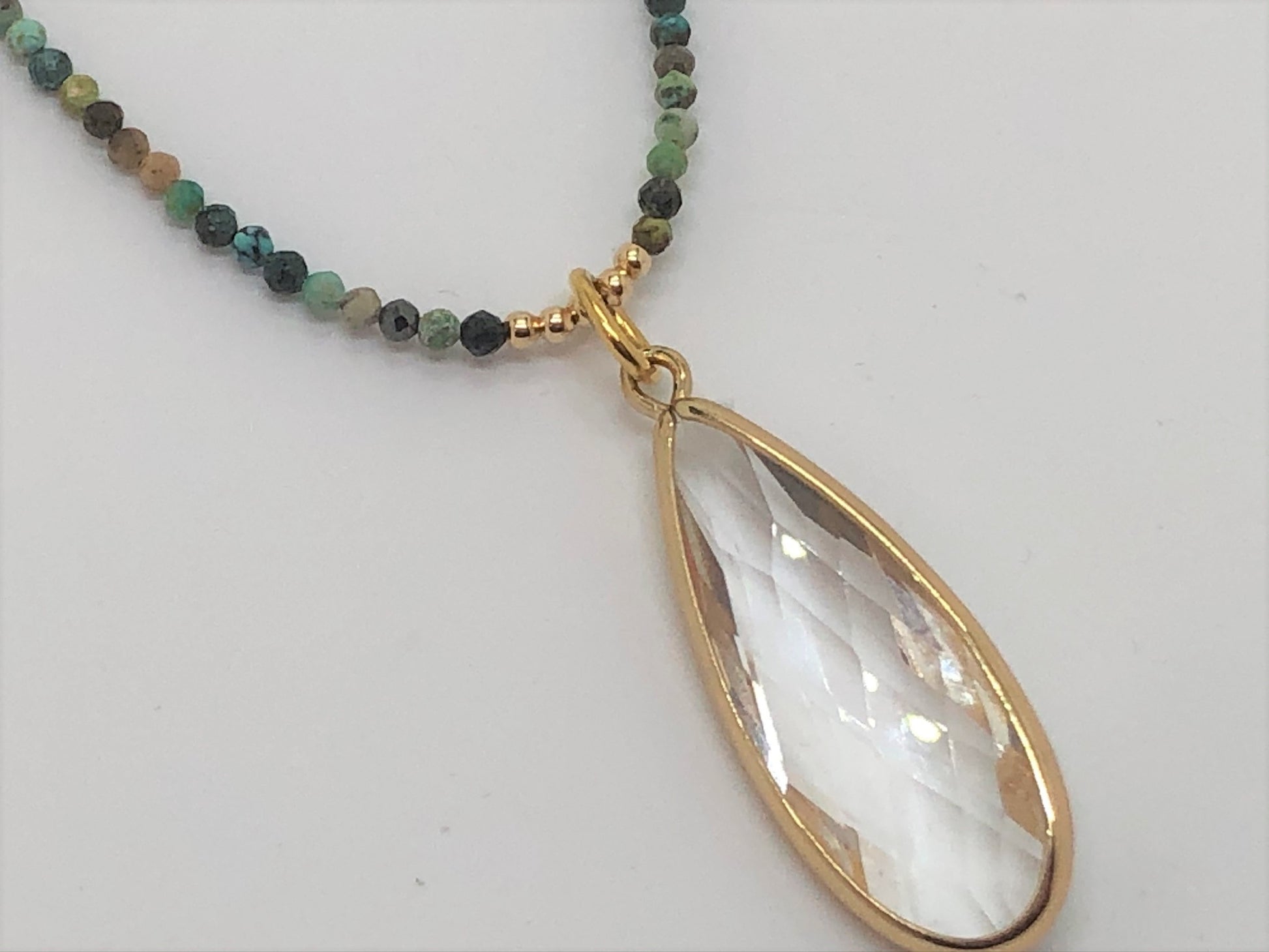 African Turquoise and Gold Necklace with a Faceted Crystal Quartz Teardrop - Emmis Jewelry, Necklace, [product_color]