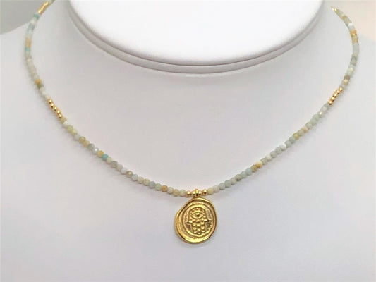 Mini Faceted Amazonite and Gold Fill beads with a Gold Plated Hamsa - Emmis Jewelry, Necklace, [product_color]