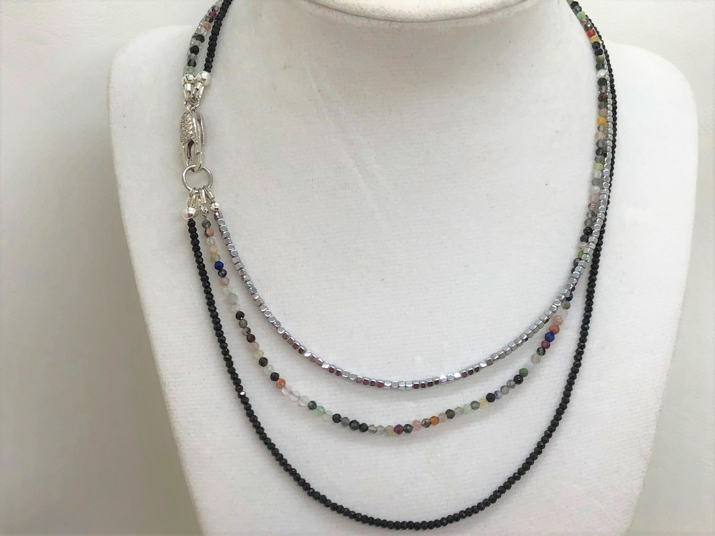 Triple Gemstone Short Necklace with Onyx, Mixed Quartz and Silver Hematite - Emmis Jewelry, Necklace, [product_color]