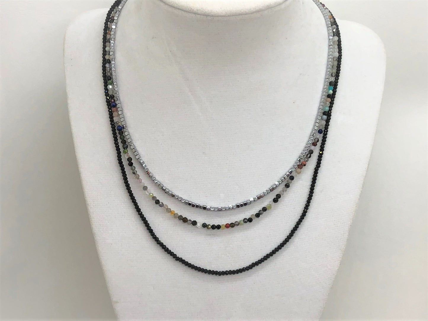 Triple Gemstone Short Necklace with Onyx, Mixed Quartz and Silver Hematite - Emmis Jewelry, Necklace, [product_color]