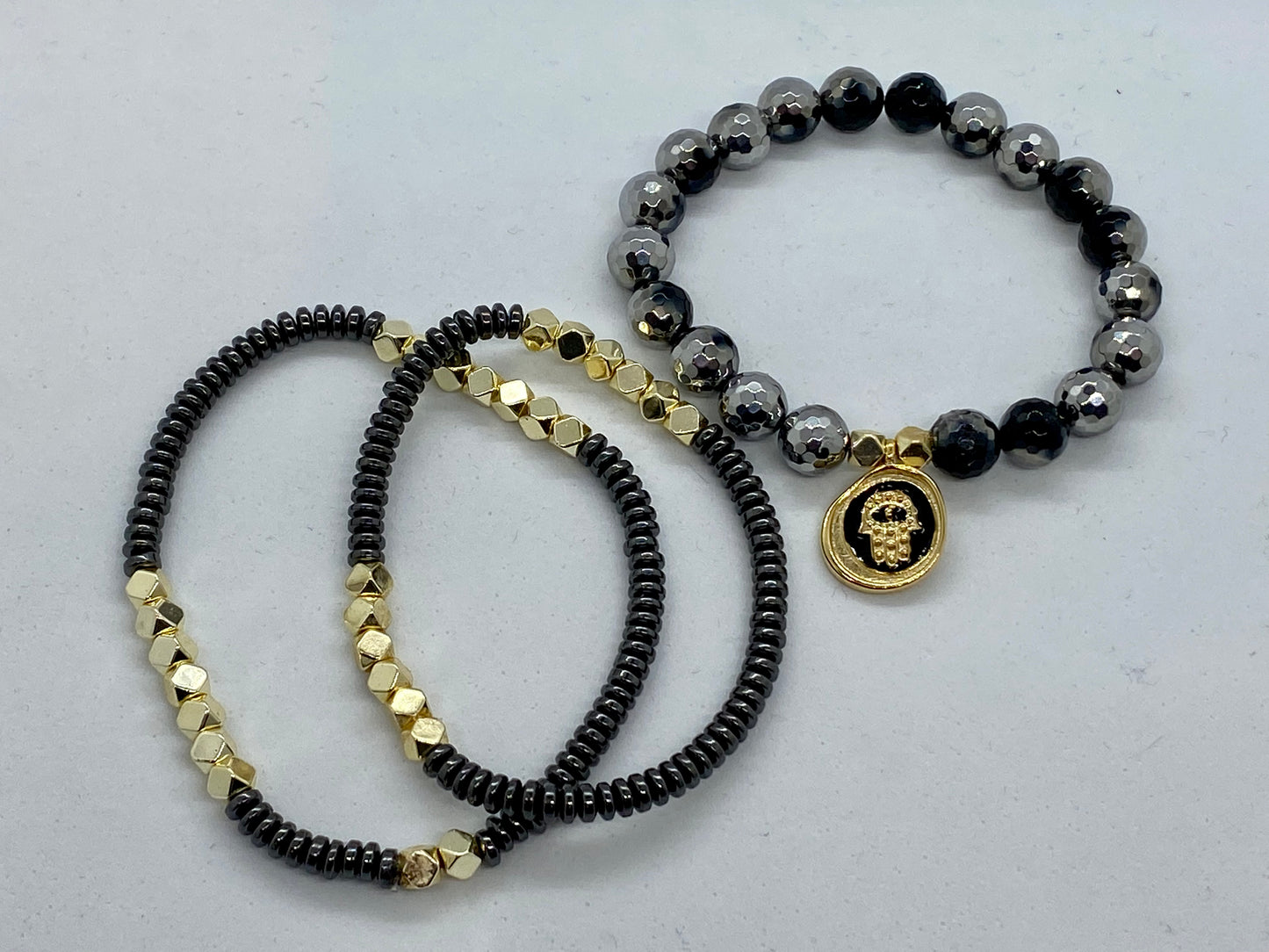 Stretch Hematite and Gemstone Hamsa Trio - Emmis Jewelry, Bracelet, [product_color]