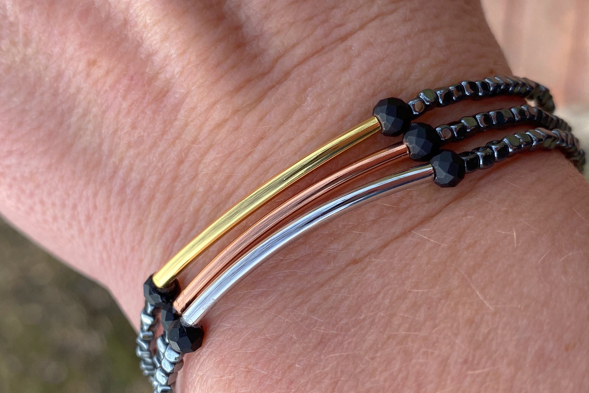 Delicate hematite metallic trio stretch bracelets - Emmis Jewelry, Bracelet, [product_color]